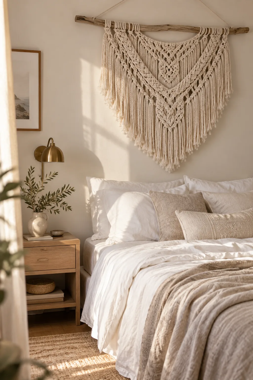 Large macrame wall hanging on a driftwood branch over a bed