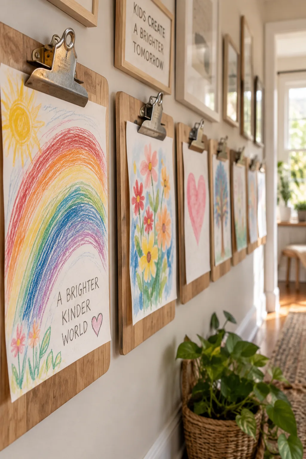 Row of wooden clipboards holding children's drawings