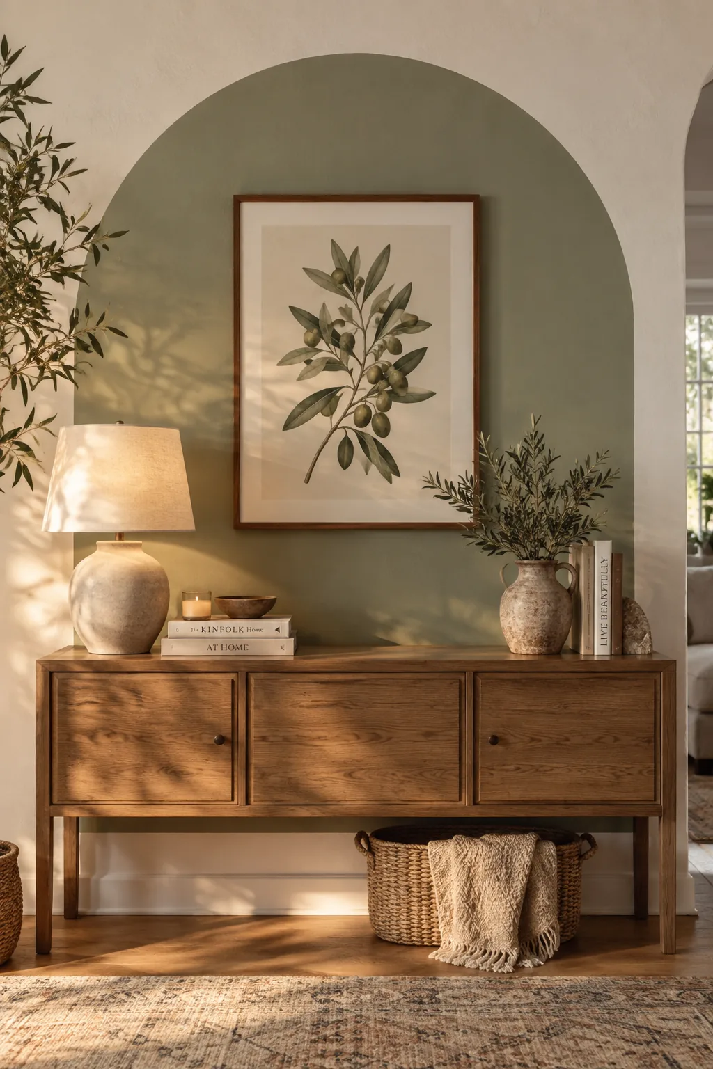 Framed art hung inside a painted terracotta wall arch