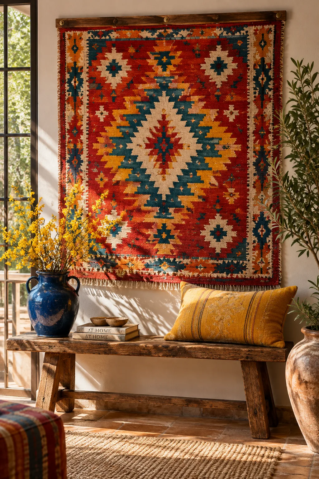 Vintage woven runner hung straight on a living room wall