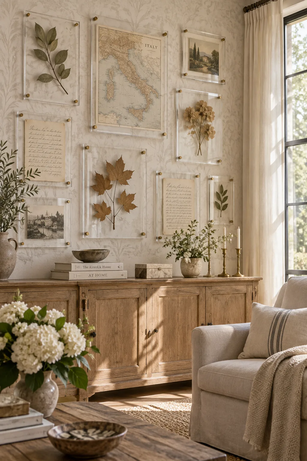 Dried leaves floating inside clear acrylic sandwich frames