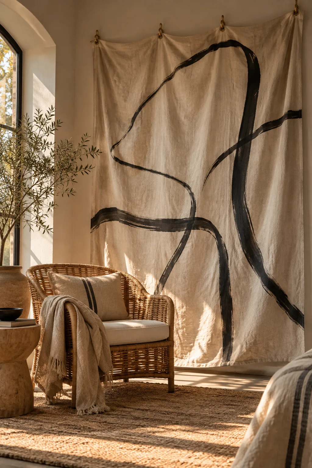 Large canvas drop cloth painted with abstract black lines