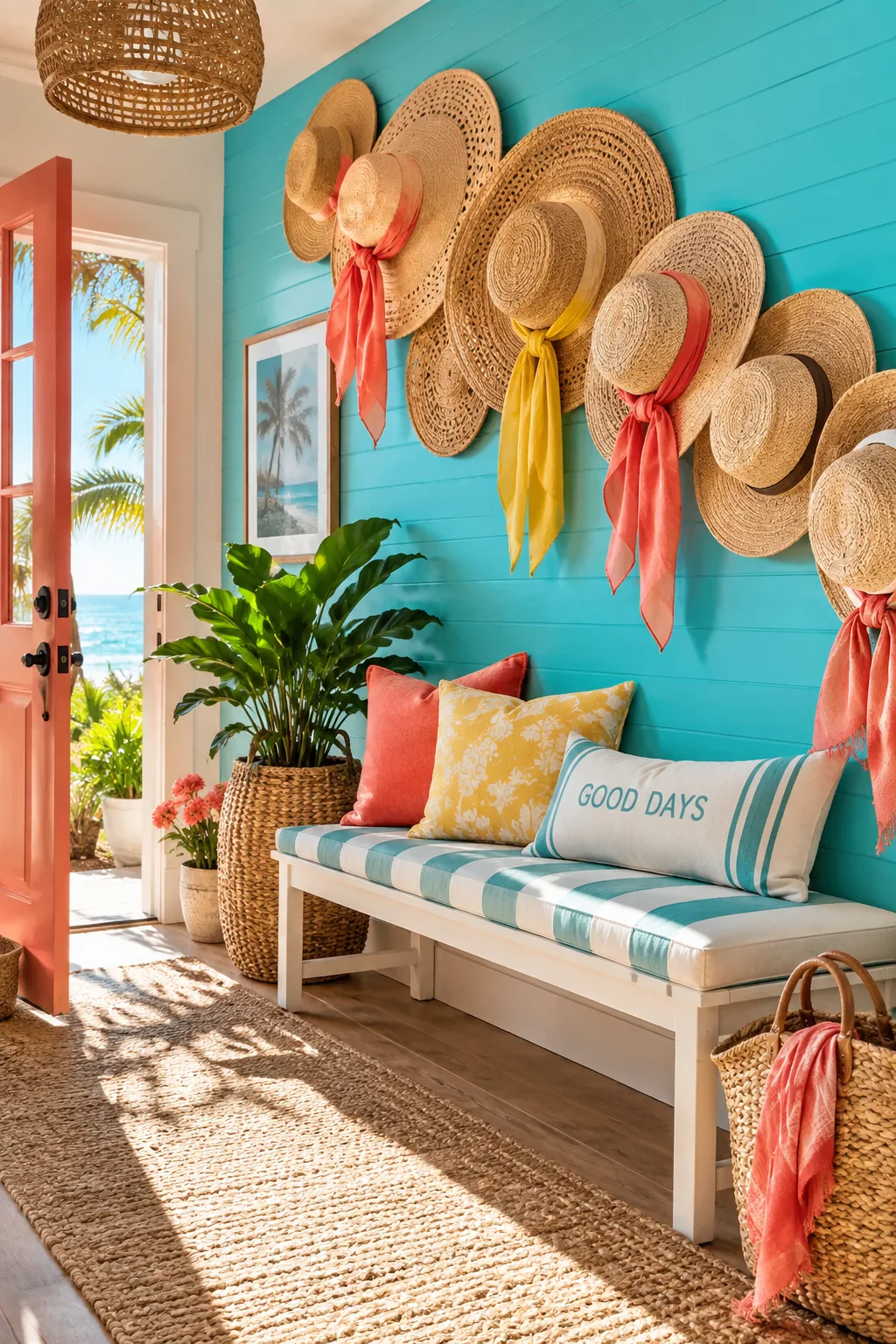 Sweeping arrangement of wide-brimmed hats on a bedroom wall