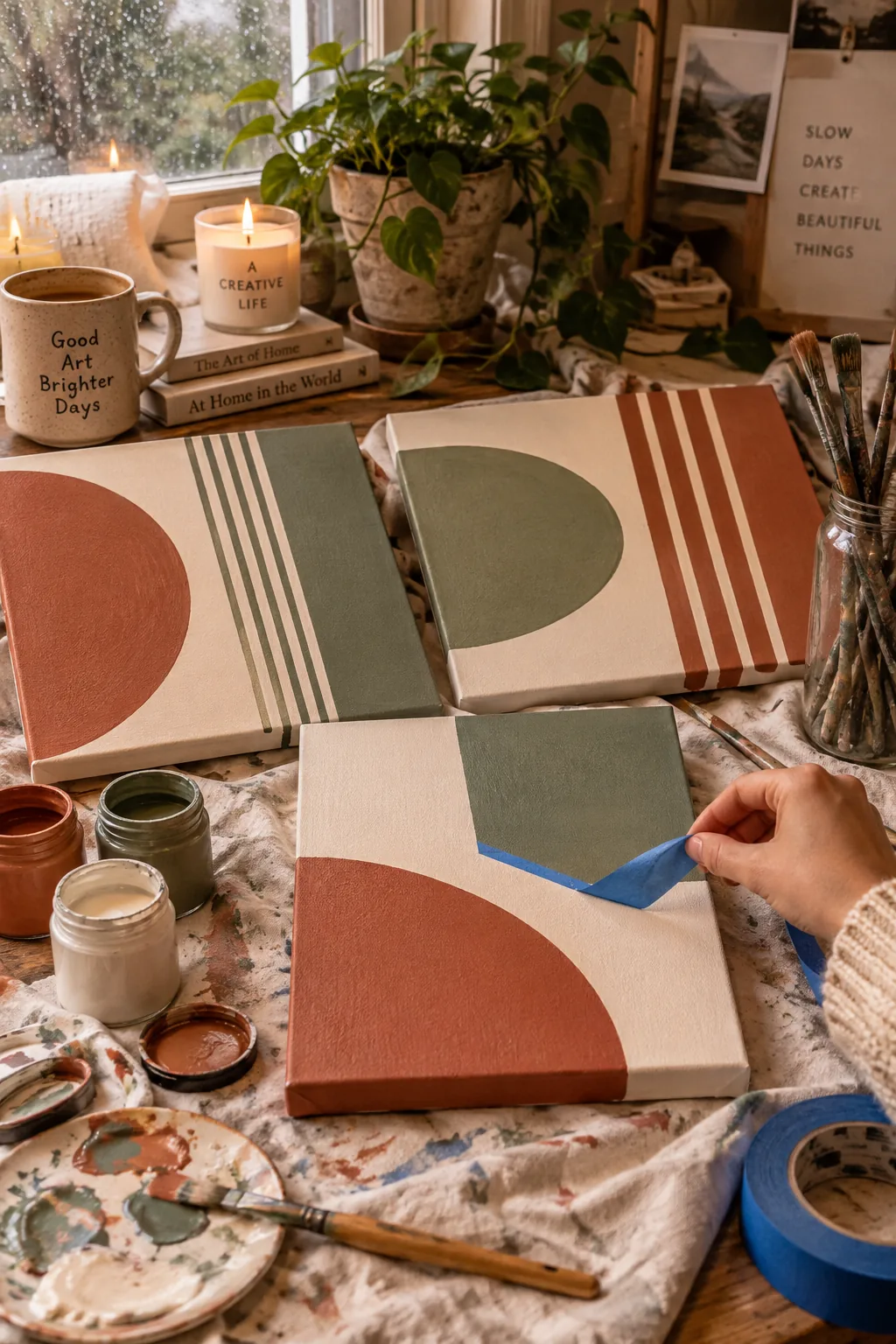 Three canvases painted with geometric color blocks