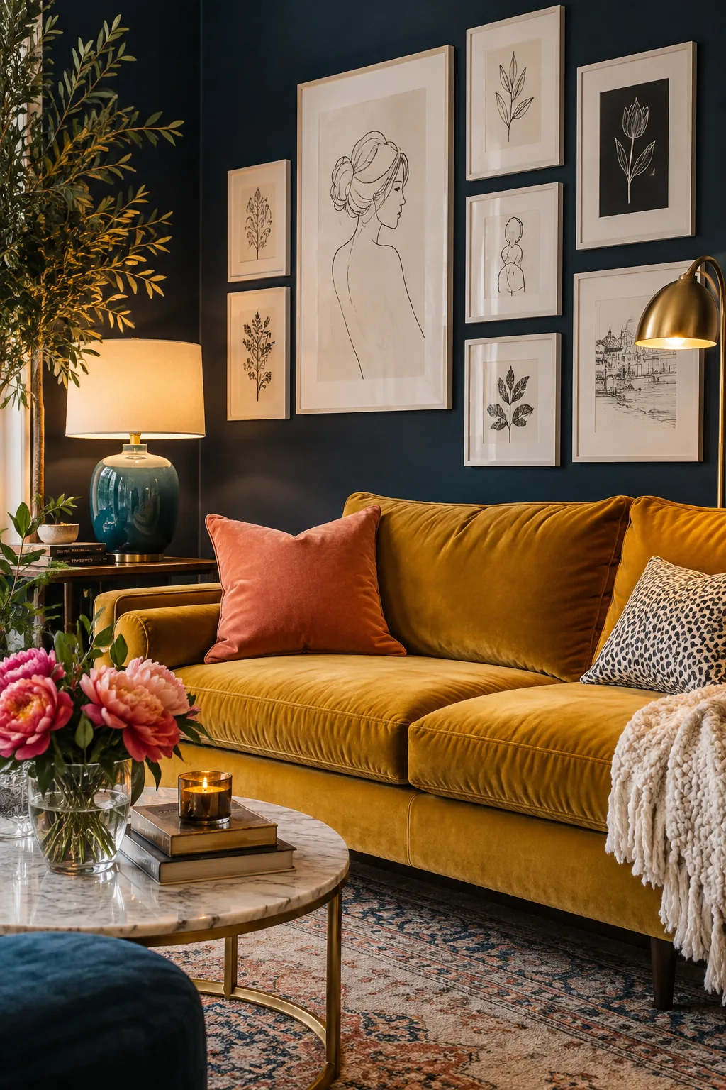 Dark charcoal living room wall featuring a tight cluster of bright white minimalist art prints above a velvet sofa