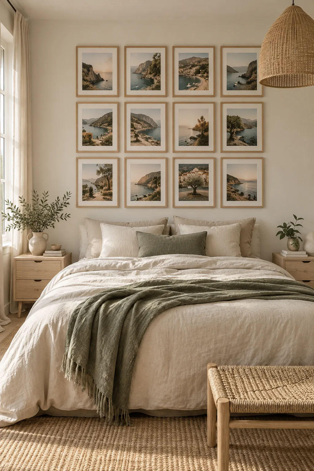 Symmetrical grid of nine square photo frames evenly spaced on a white wall