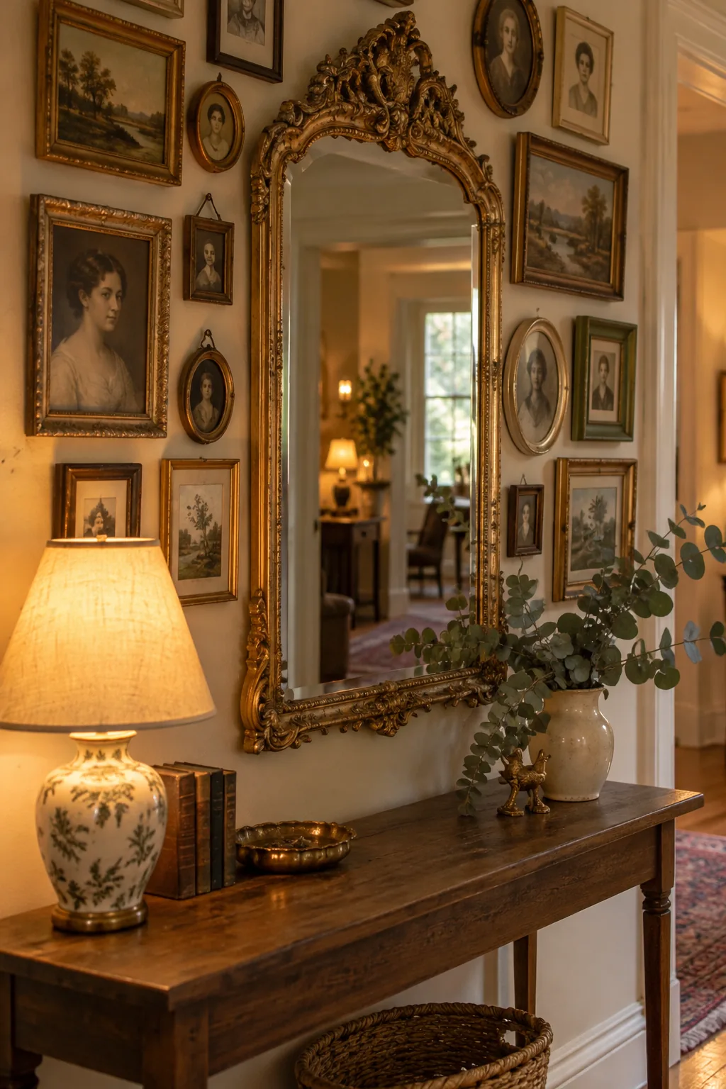 Ornate gold mirror surrounded by small mismatched vintage art frames in a narrow hallway