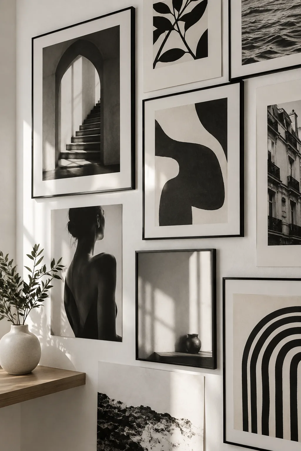 Modern wall collage featuring only black and white typography and abstract prints on a white wall