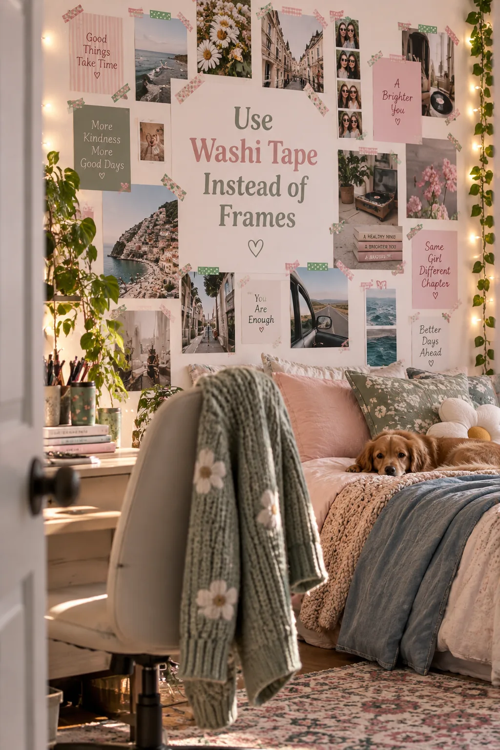 Colorful posters and magazine cutouts taped to a bedroom wall using strips of bright washi tape