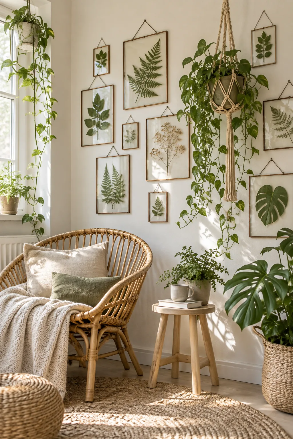 Floating glass frames displaying pressed green ferns and leaves arranged around a hanging indoor plant