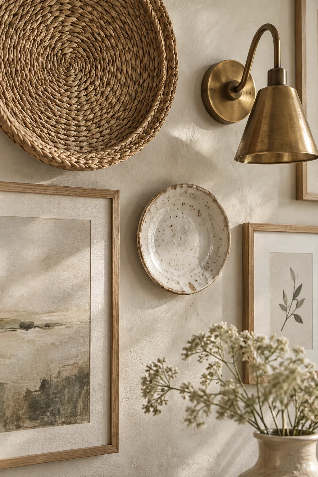 Wall gallery featuring framed canvas art mixed with woven baskets, small plates, and a brass sconce