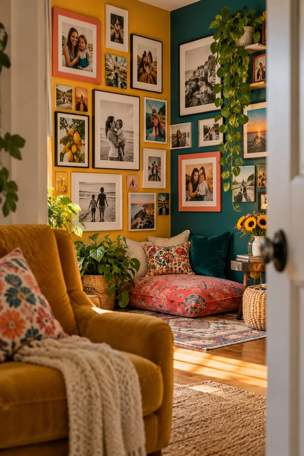 Asymmetrical photo gallery wrapping seamlessly around an inner wall corner above a reading chair