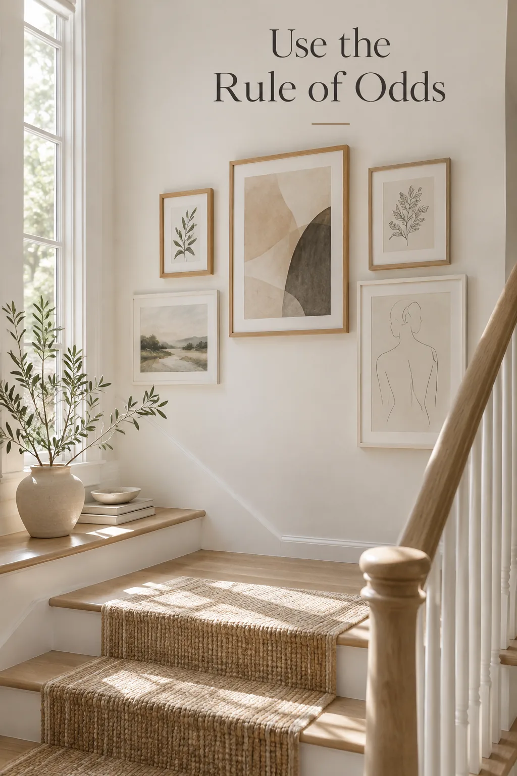 Cluster of five different sized wooden picture frames arranged on a staircase landing wall