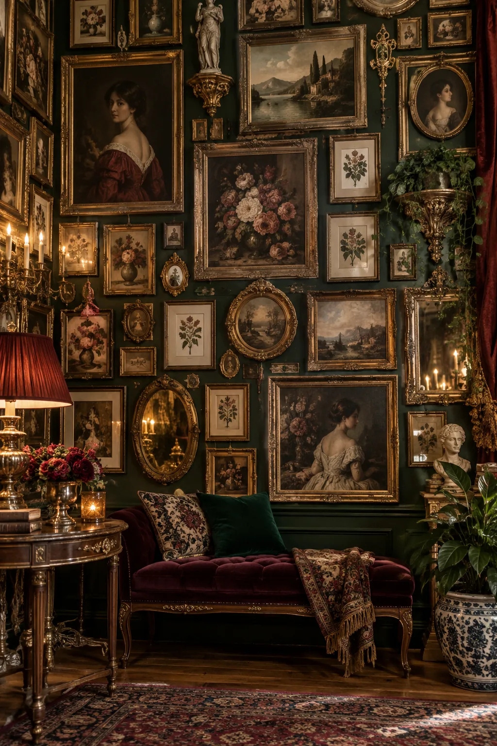 Maximalist living room wall completely covered from floor to ceiling in ornate gold frames and colorful paintings