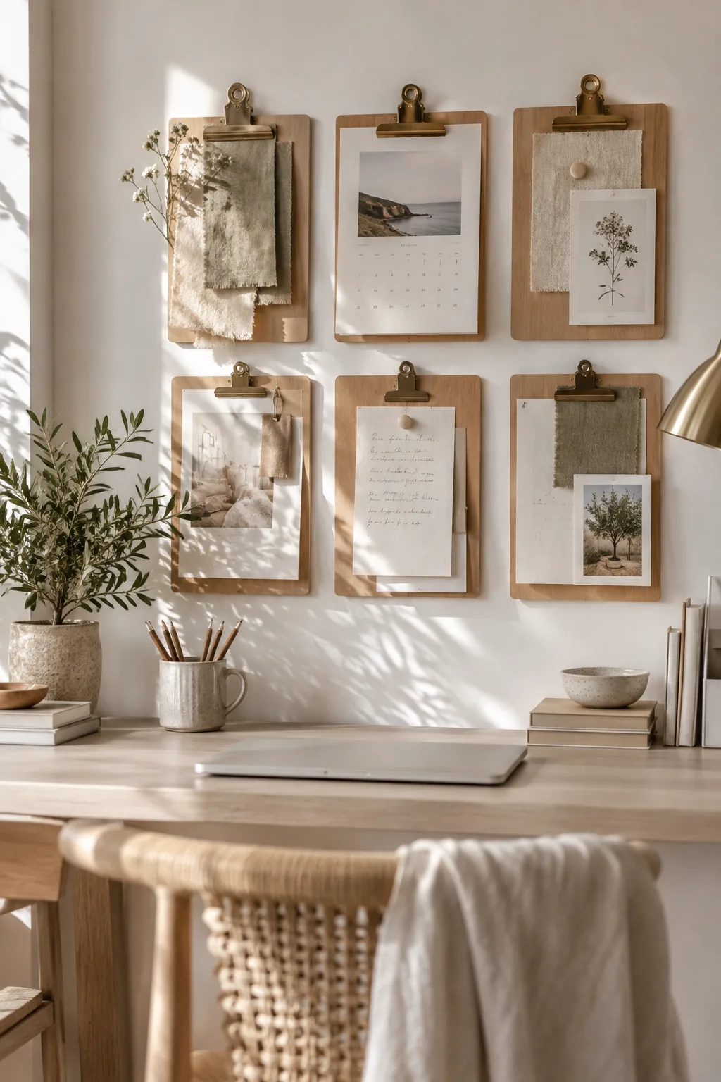 Row of wooden clipboards hanging on a home office wall holding fabric swatches and quotes