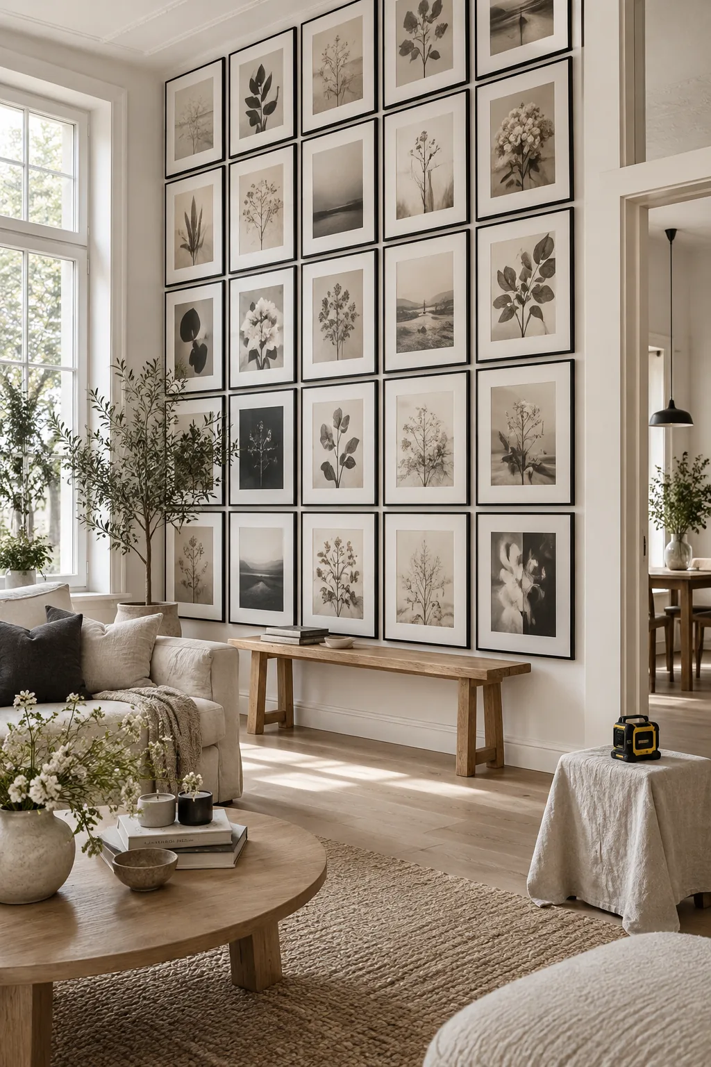 Floor-to-ceiling grid of identical 11x14 black frames displaying highly contrasting art on a dining room wall