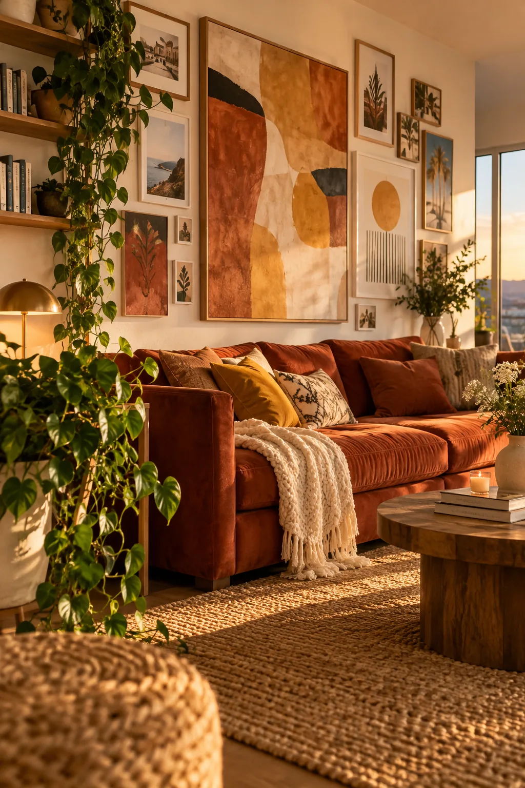 Large abstract painting surrounded by smaller canvas pieces, typography prints, and instant photos on a living room wall