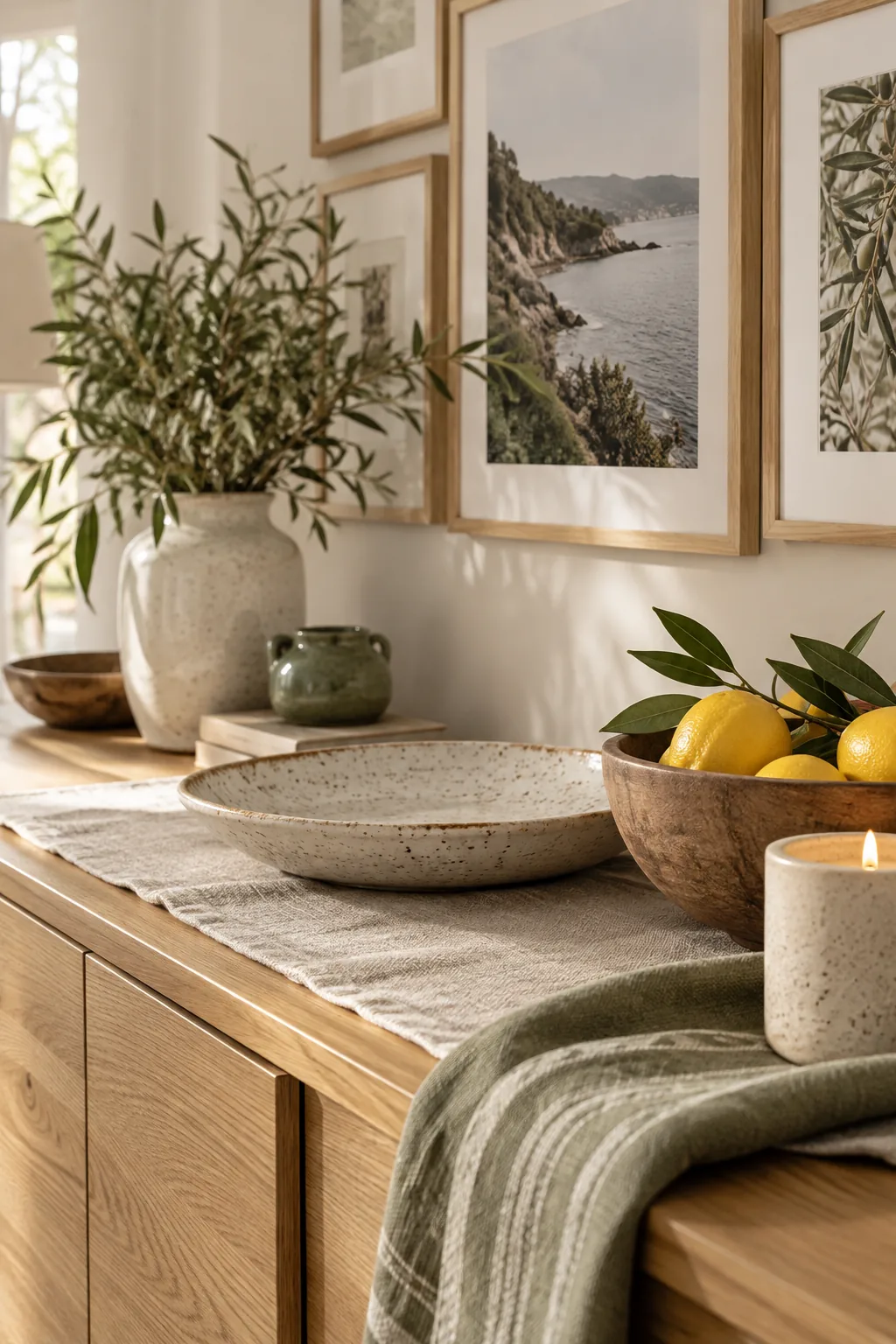 Dining room wall collage hung perfectly at eye level above a wooden buffet table
