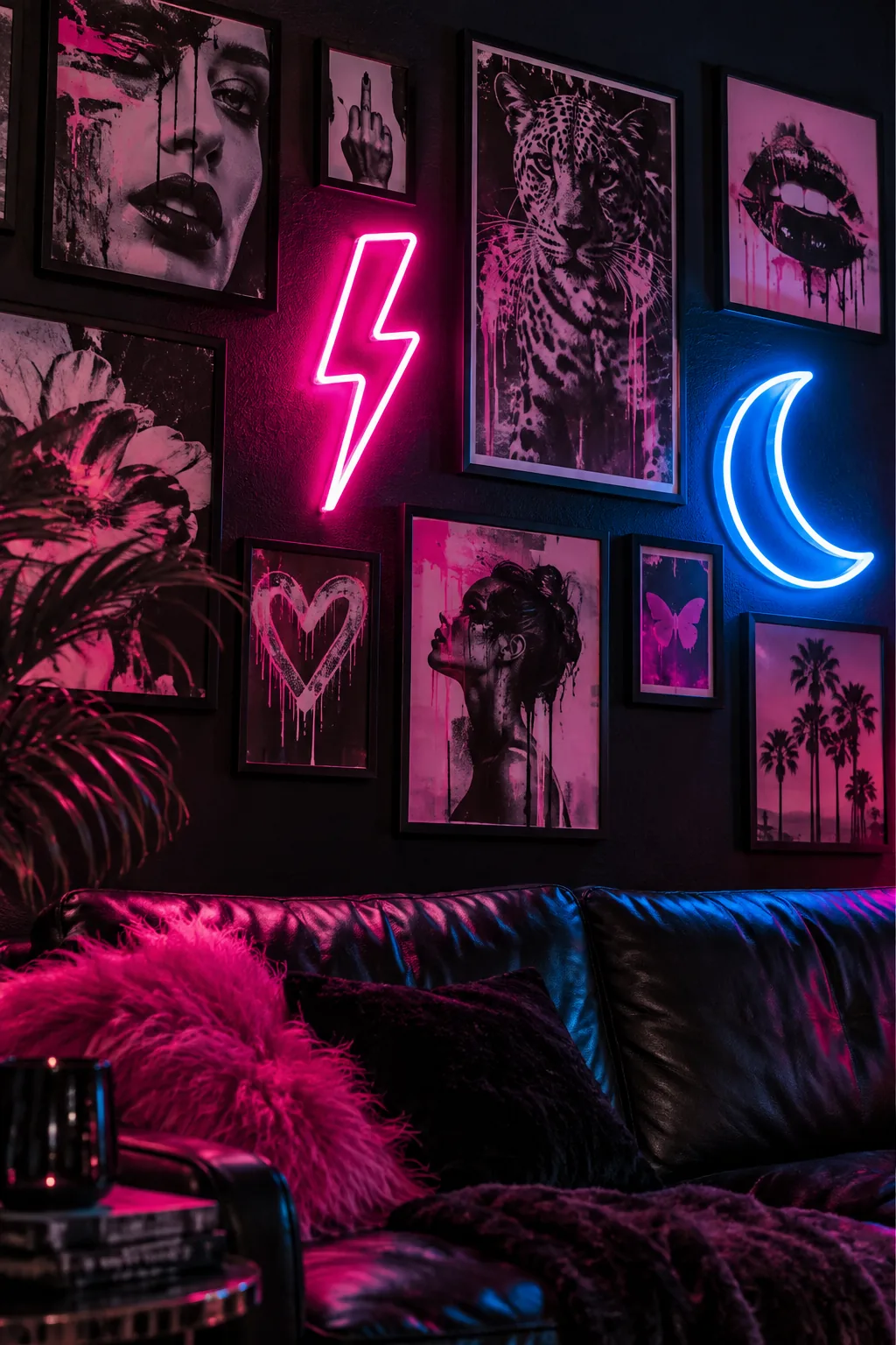 Glowing pink neon sign surrounded by graffiti-style art prints in matte black frames on a dark wall
