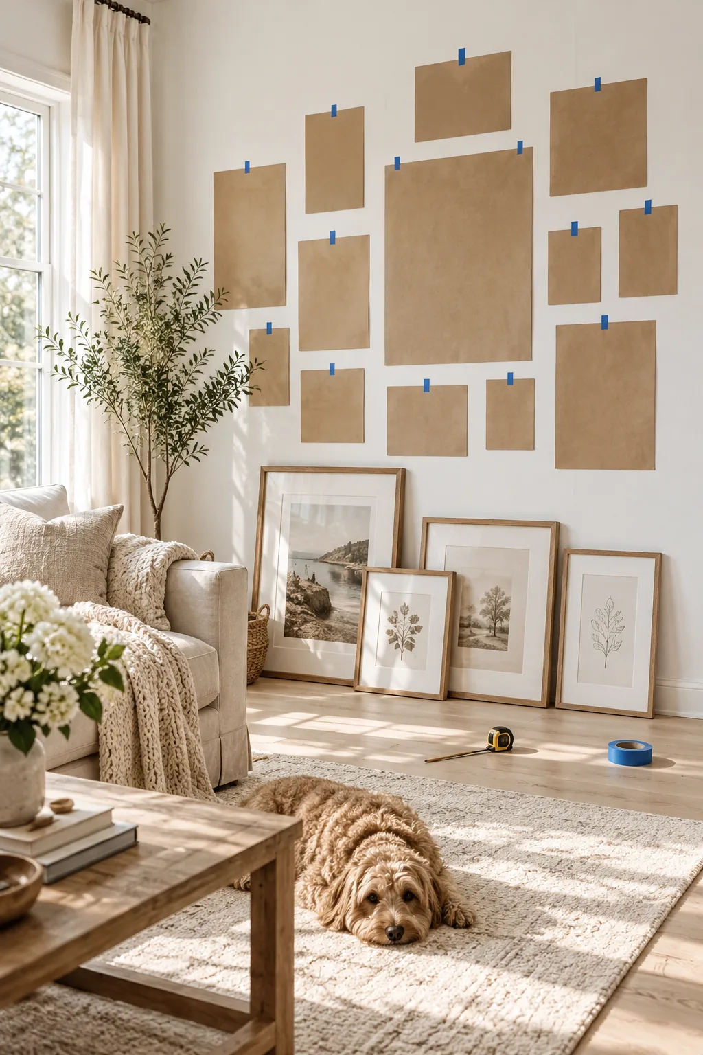 Kraft paper cutouts taped to a living room wall in a gallery layout to plan spacing