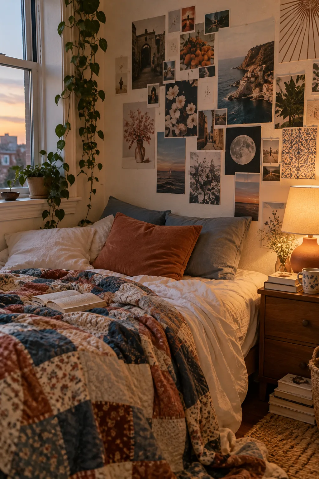 Bedroom wall covered in slightly overlapping unframed cardstock prints stuck directly to the drywall