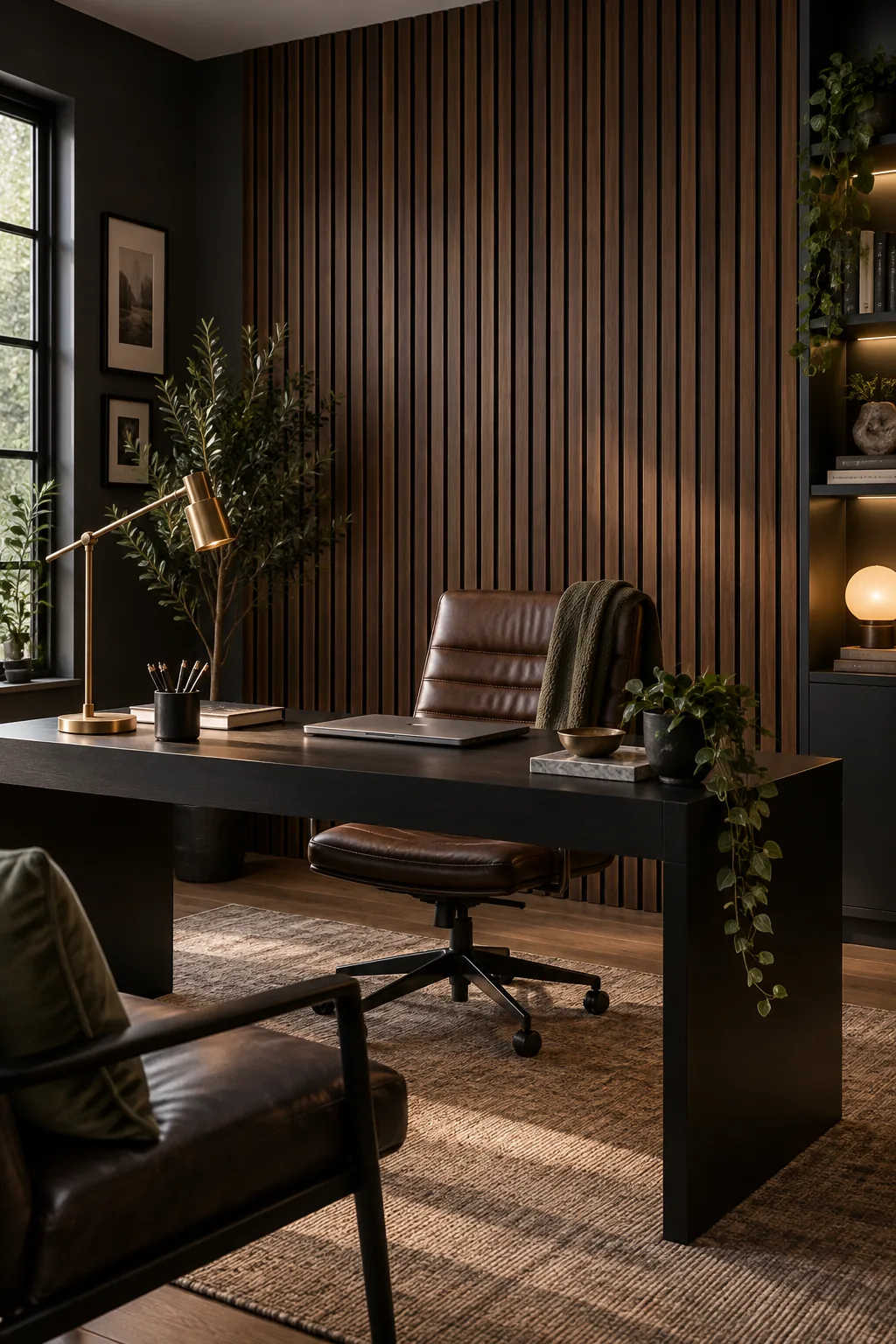 A moody home office featuring a dark walnut wood slat accent wall behind a black desk.