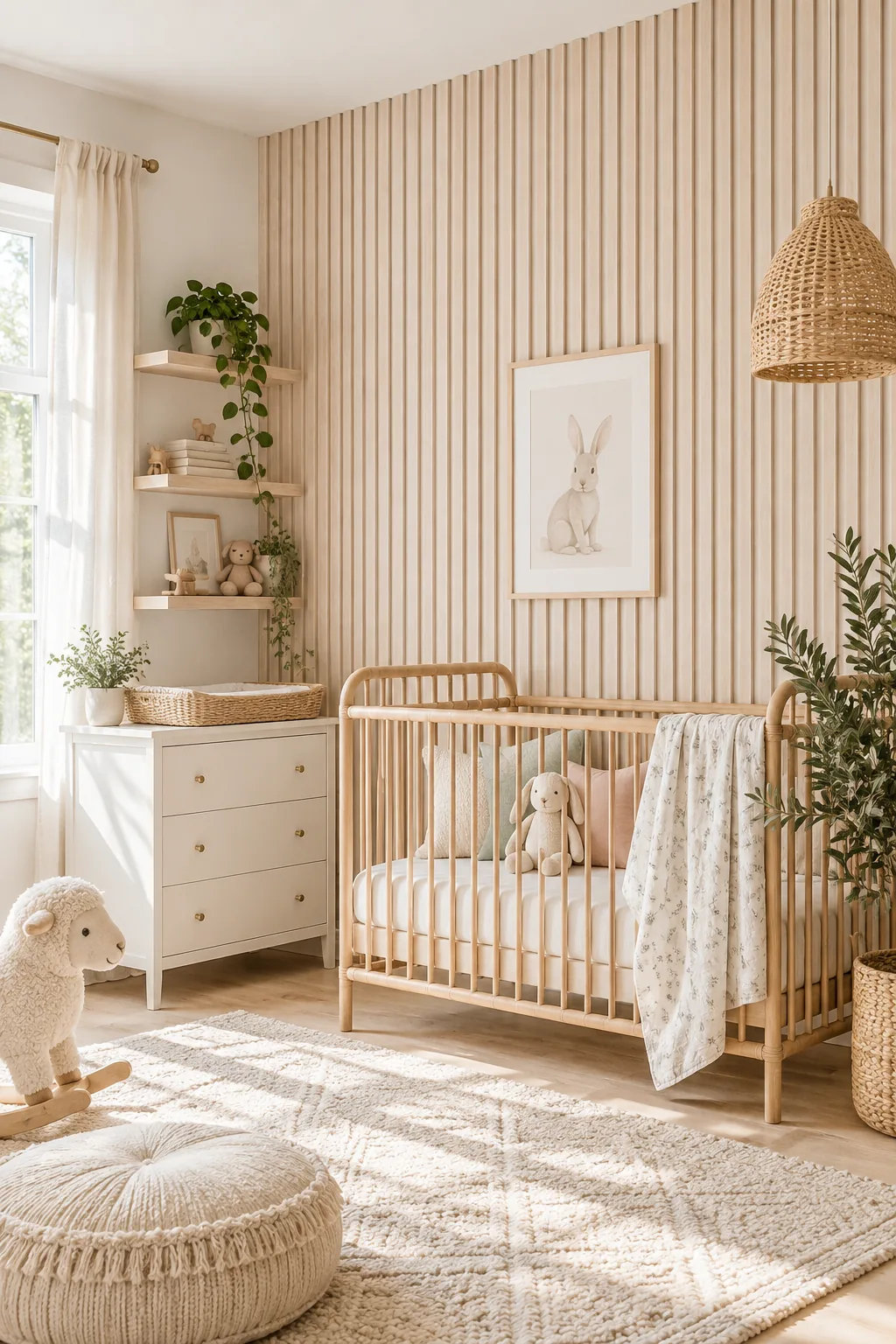 A bright Scandinavian nursery with a whitewashed pine slat wall behind a woven crib.