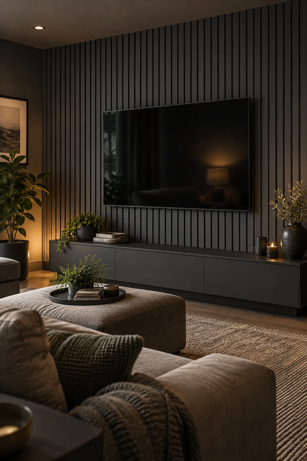 A modern media room featuring a monochromatic charcoal painted slat wall with a mounted television.