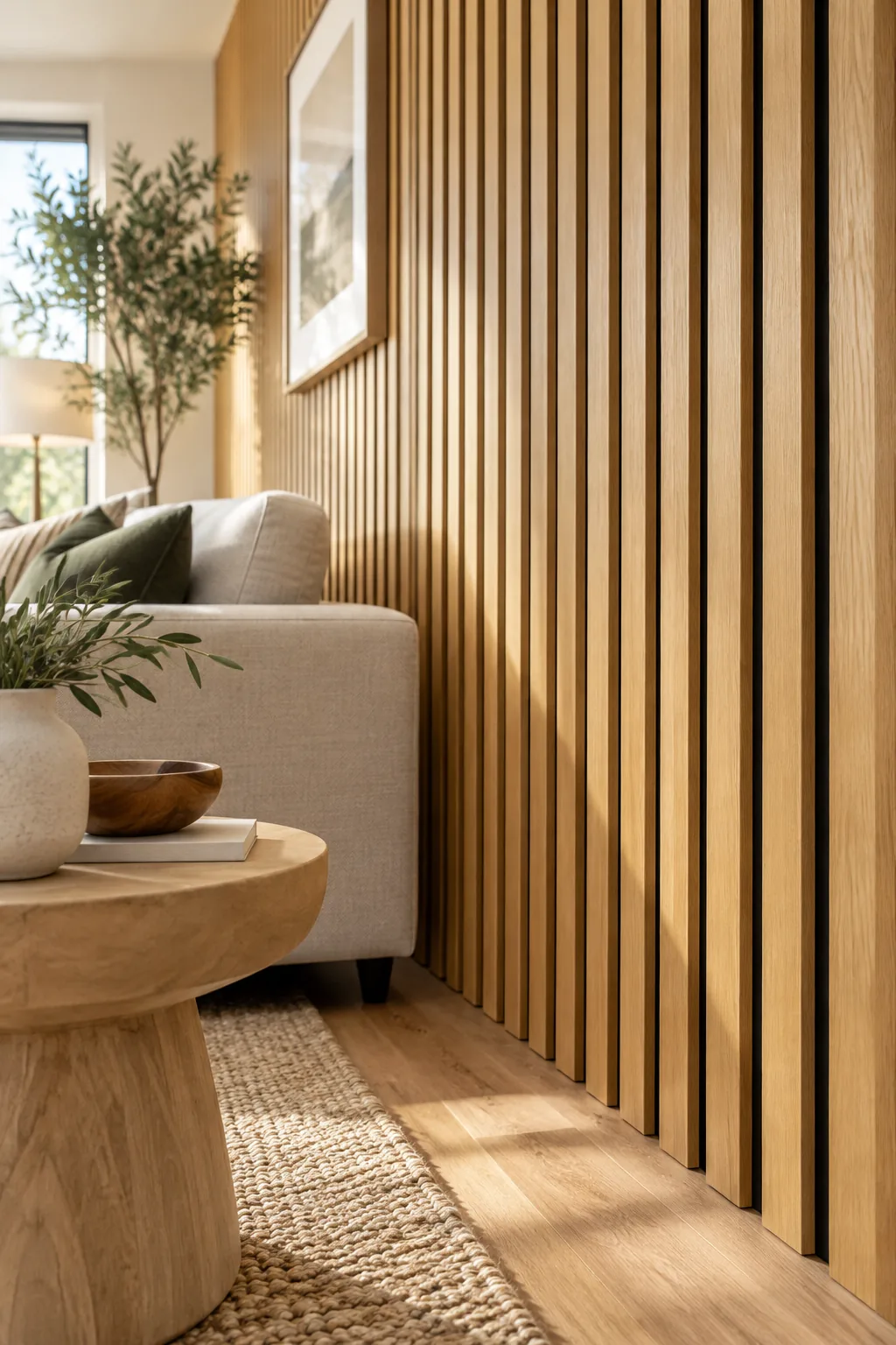 Close angled view of a wood slat wall showing the deep black painted gaps between the oak boards.