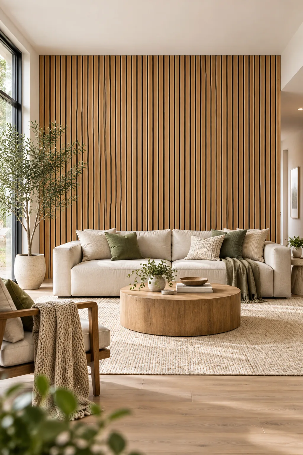 Low angle view of a sturdy wood slat wall behind a modern side table.