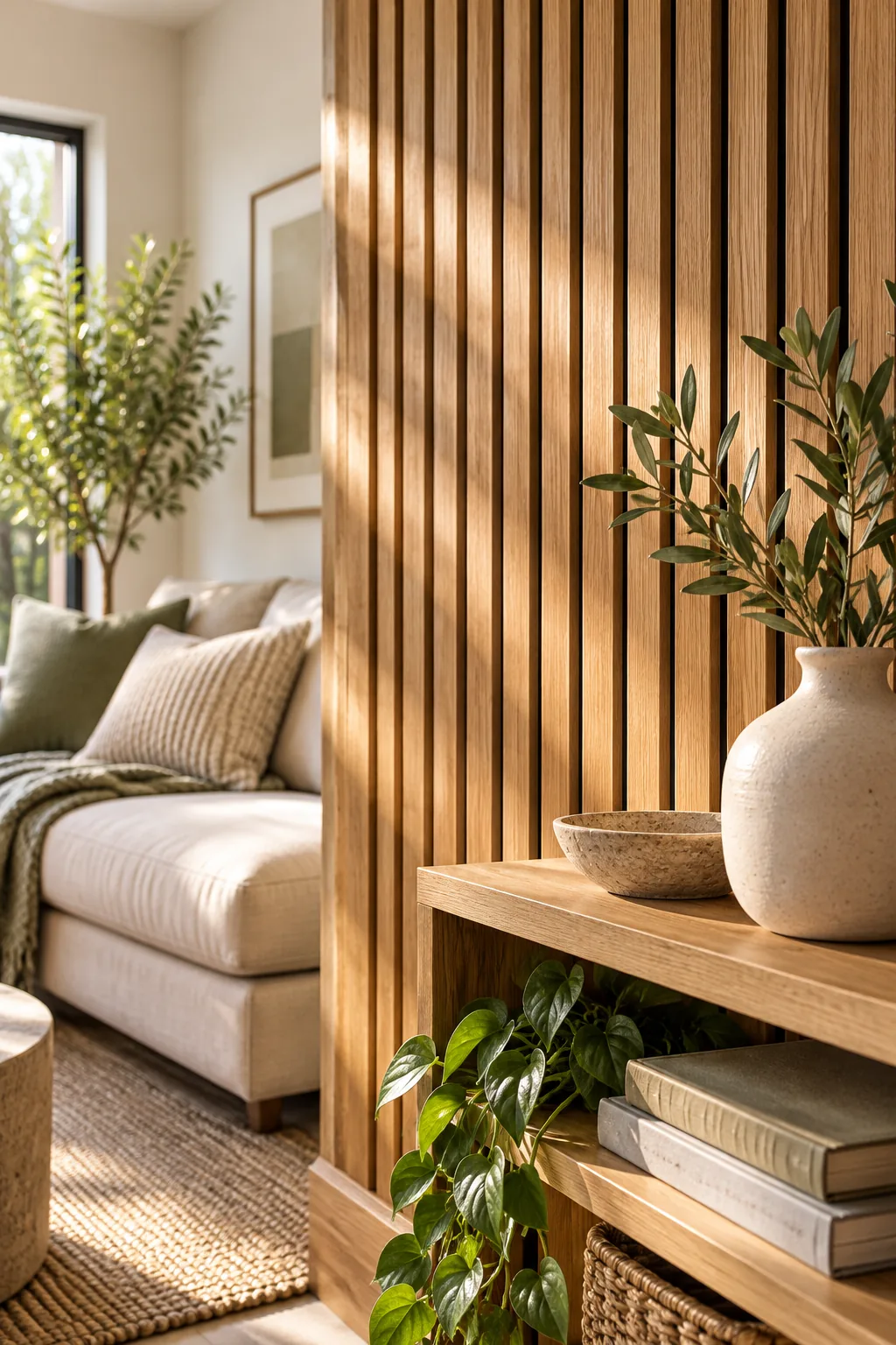 Straight-on view of a perfectly spaced wood slat accent wall behind a minimalist sofa.