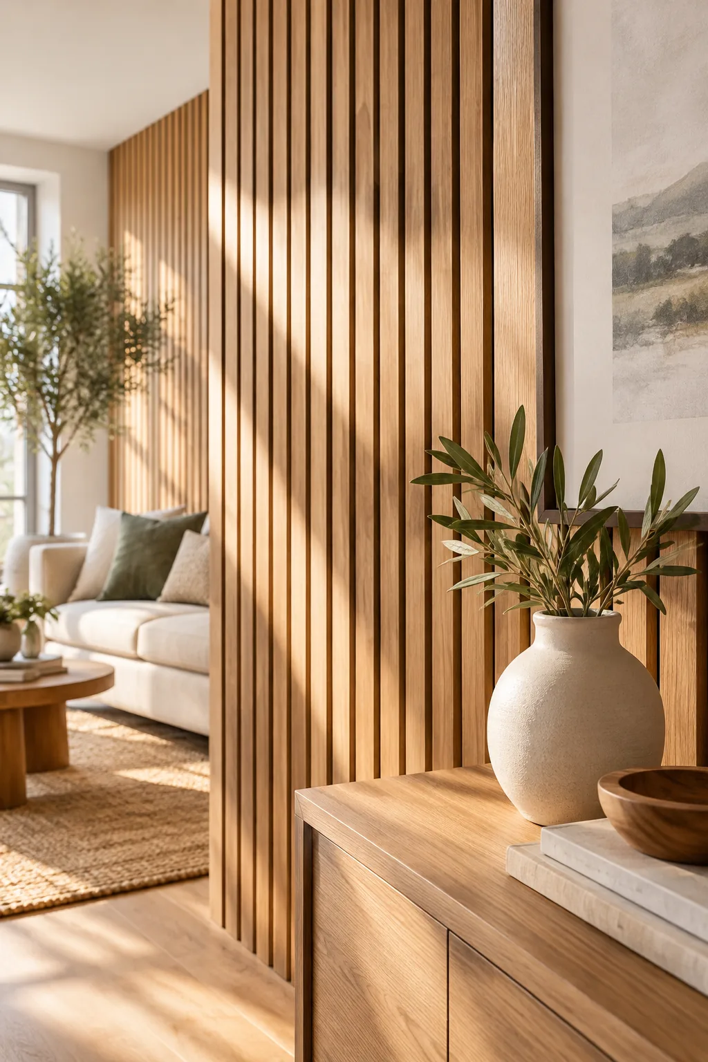Close-up of finished oak wood slats showing natural grain patterns in sunlight.