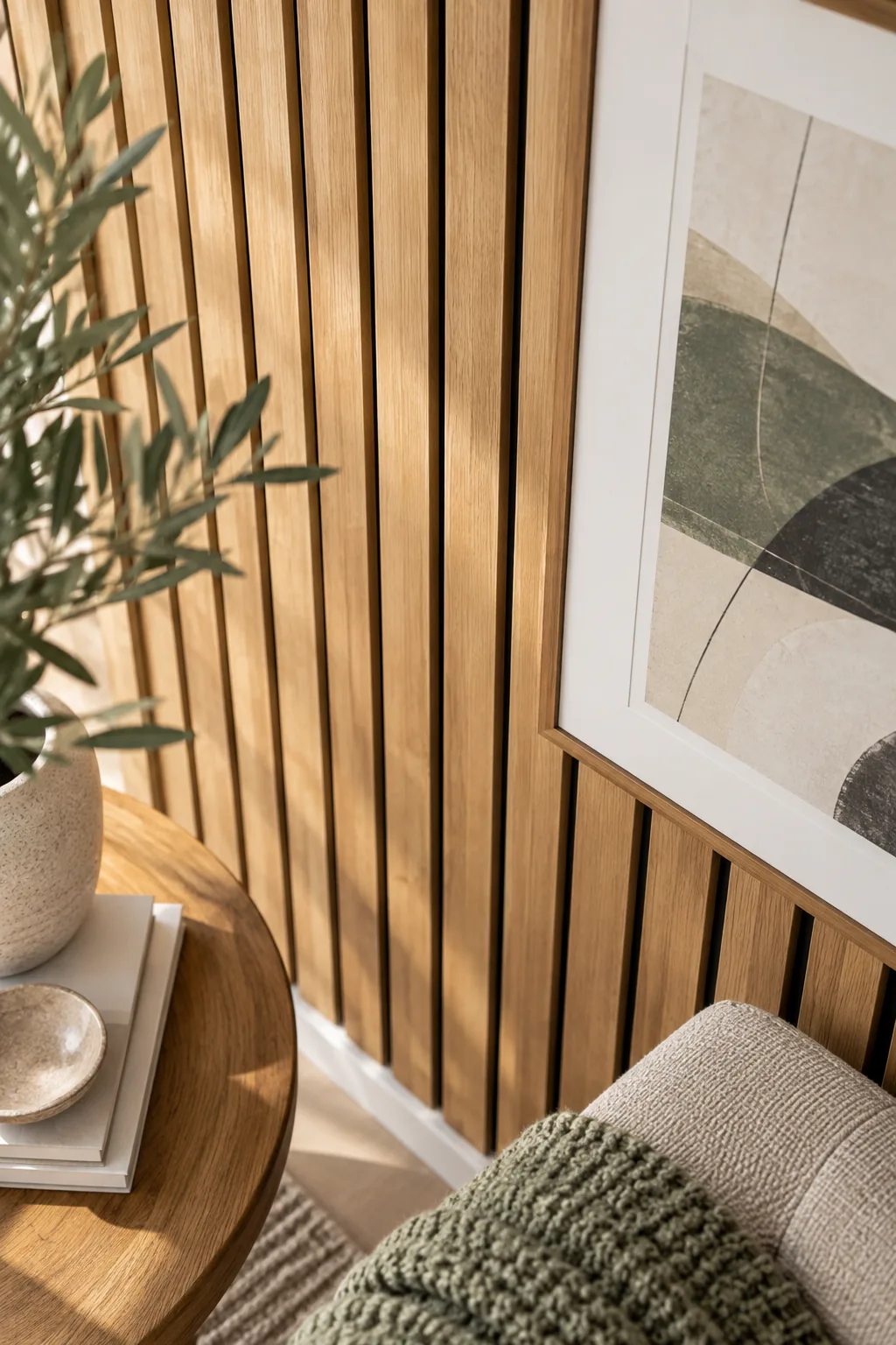 Eye-level view of a framed art piece hung on a wood slat wall with perfectly uniform gaps.