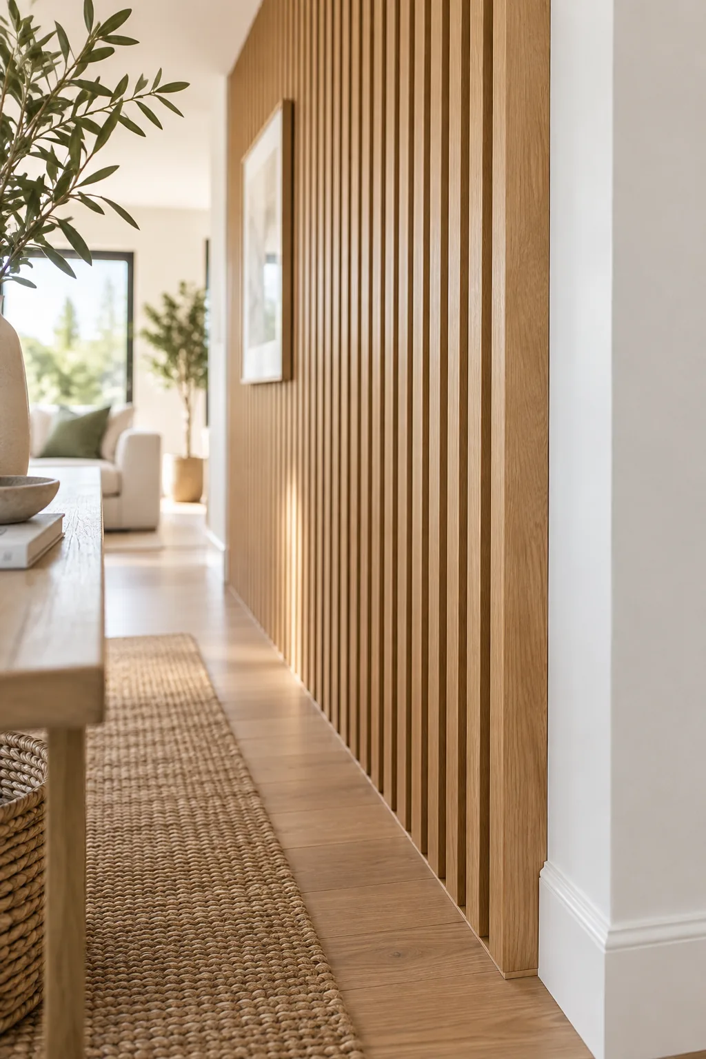 Detailed view of a smooth oak slat face with invisible, filled brad nail holes.