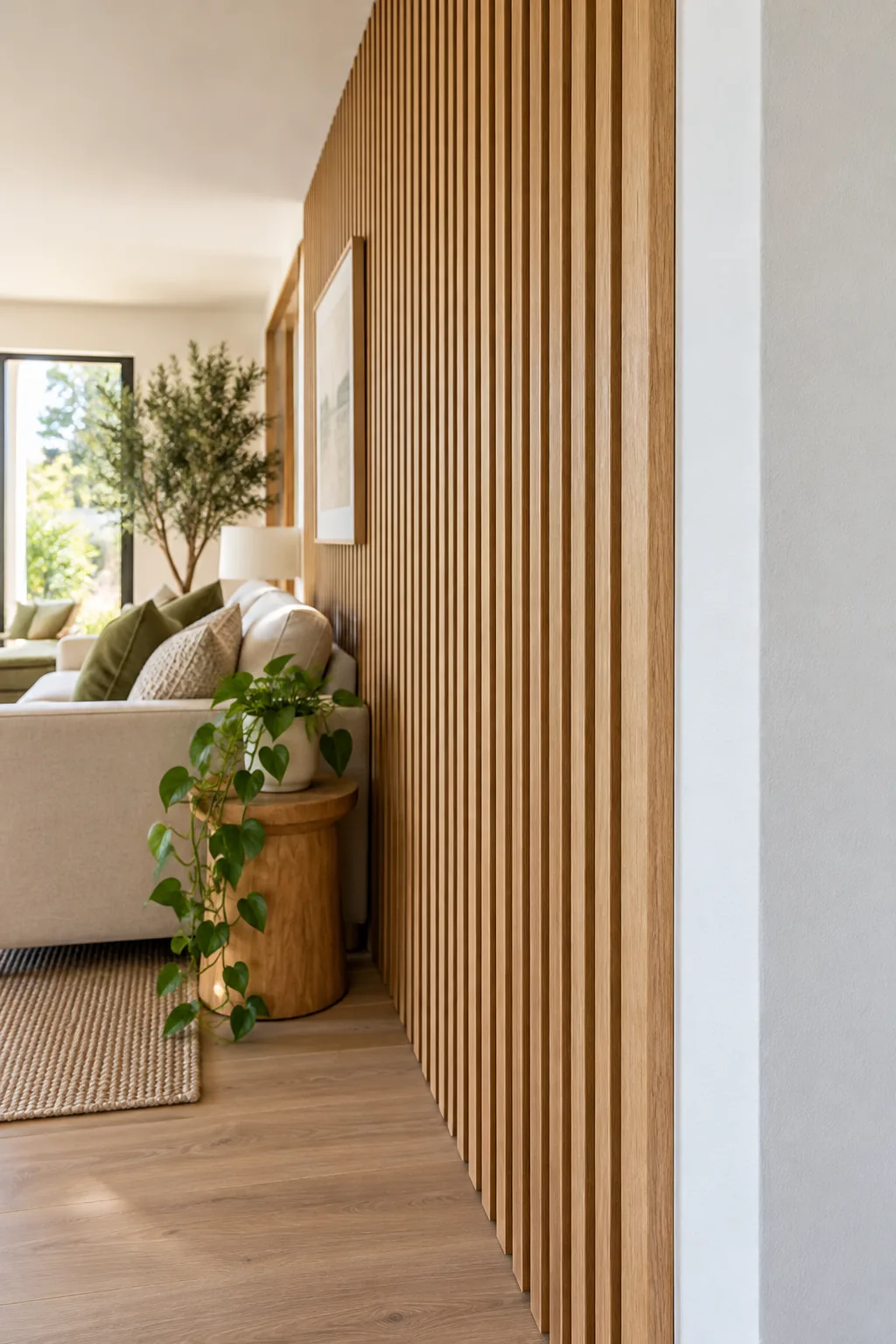 The outer edge of a wood slat wall finished cleanly with flush corner trim against a white wall.