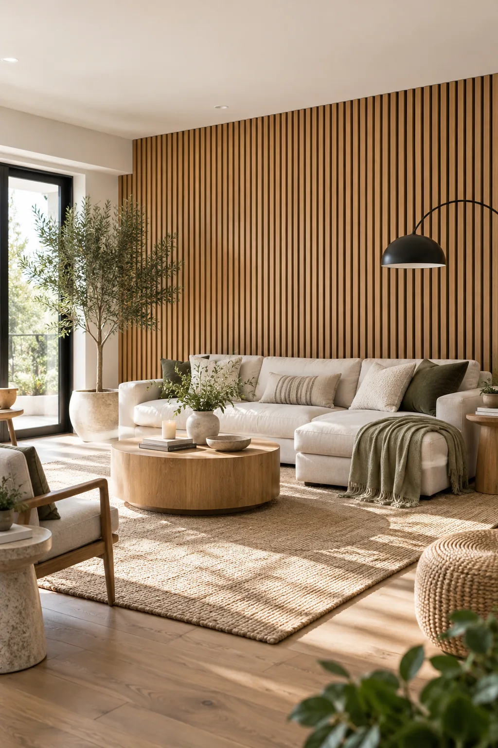 A fully styled living room with a low-profile sofa sitting in front of a floor-to-ceiling wood slat wall.