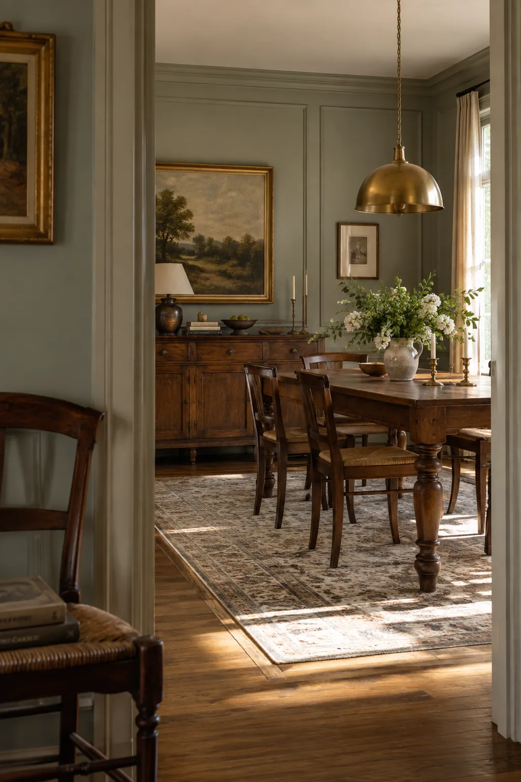 Living room wall painted dusty blue with classic picture molding boxes