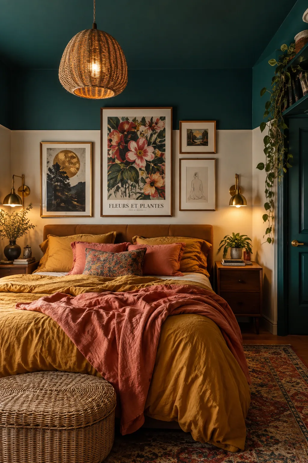 Bedroom with dark green paint spilling from the ceiling down the top quarter of the wall