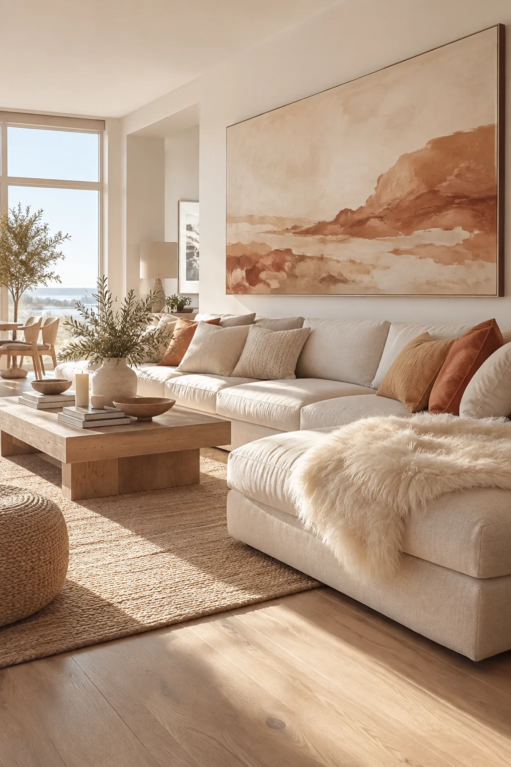 Massive abstract canvas art hanging over a modern neutral sofa