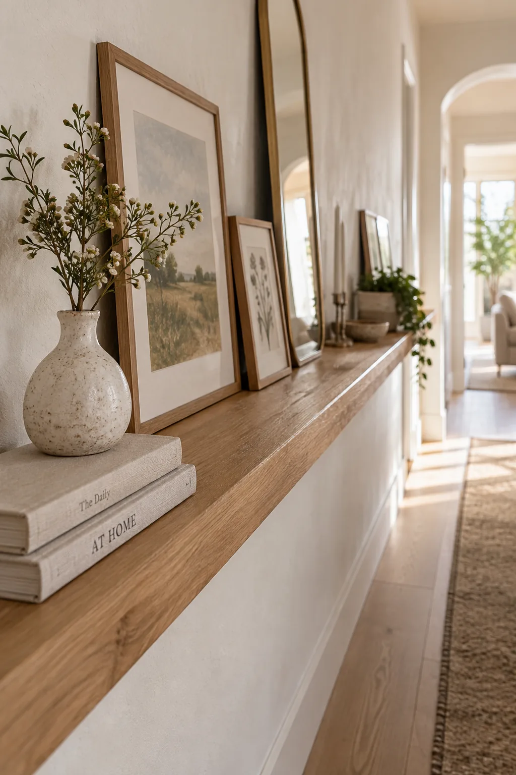 Long wooden picture ledge in a hallway filled with leaning art and frames