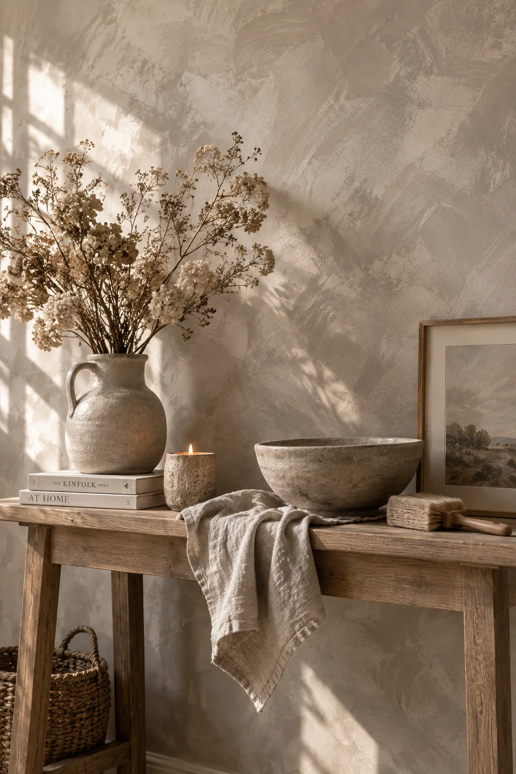 Textured limewash painted wall in a warm beige tone