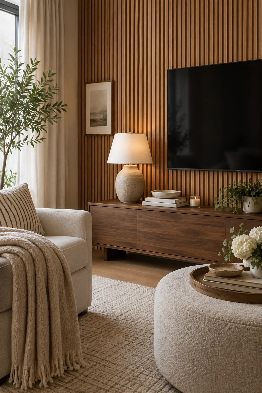 Vertical wood slat accent wall behind a modern television setup