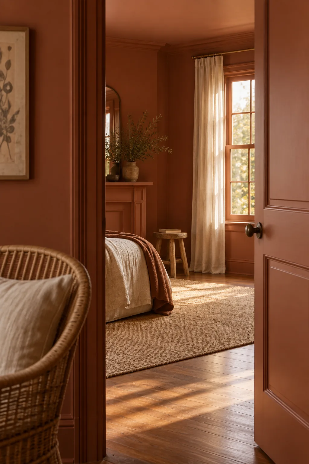 Monochromatic room with walls, doors, and trim all painted the same deep plum color