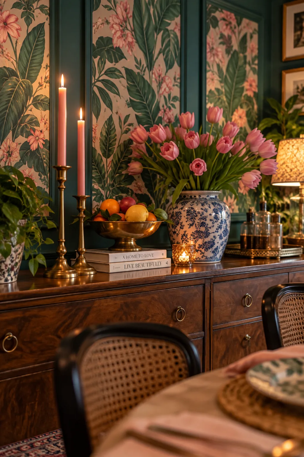 Dining room wall featuring large panels of botanical wallpaper framed by wood trim