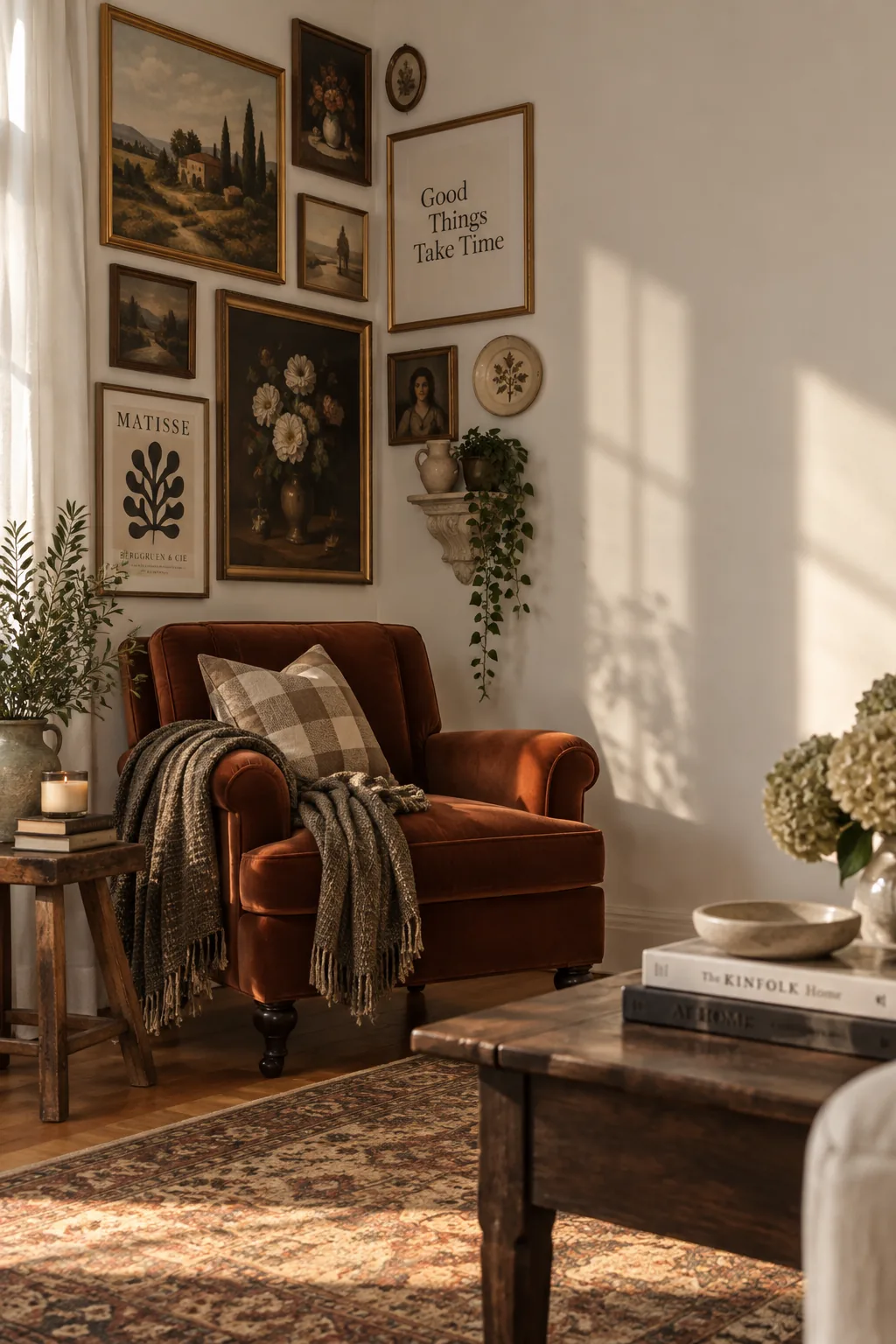 Eclectic asymmetrical gallery wall clustered tightly in the corner of a living room