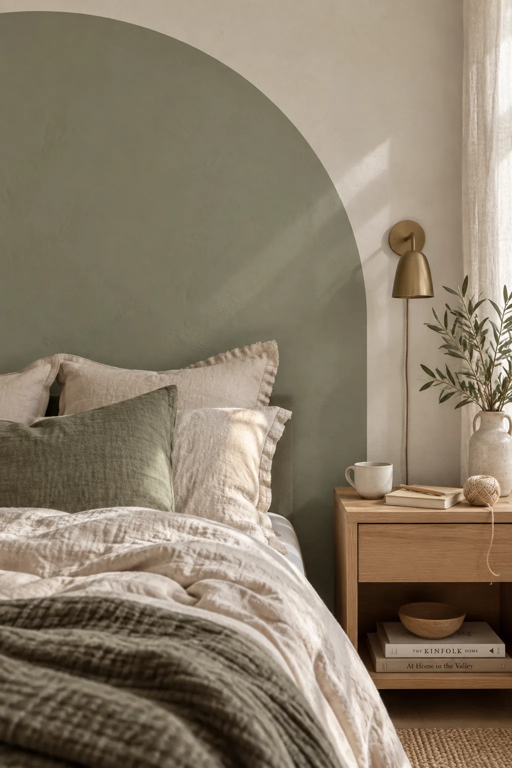 Terracotta painted arch on a white wall serving as a headboard behind a bed