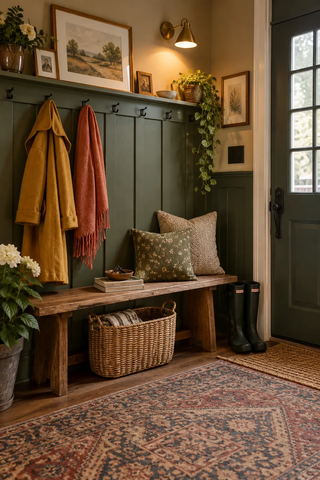 Muddy green board and batten wainscoting with a shallow top shelf in an entryway