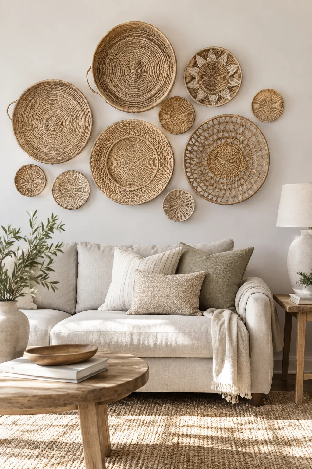 Collection of flat seagrass and rattan baskets arranged on a wall above a couch