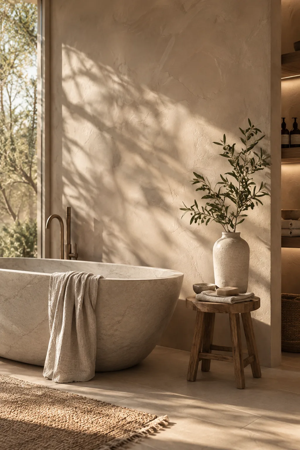 Smooth Roman clay wall finish in an earthy taupe color with soft shadow variations