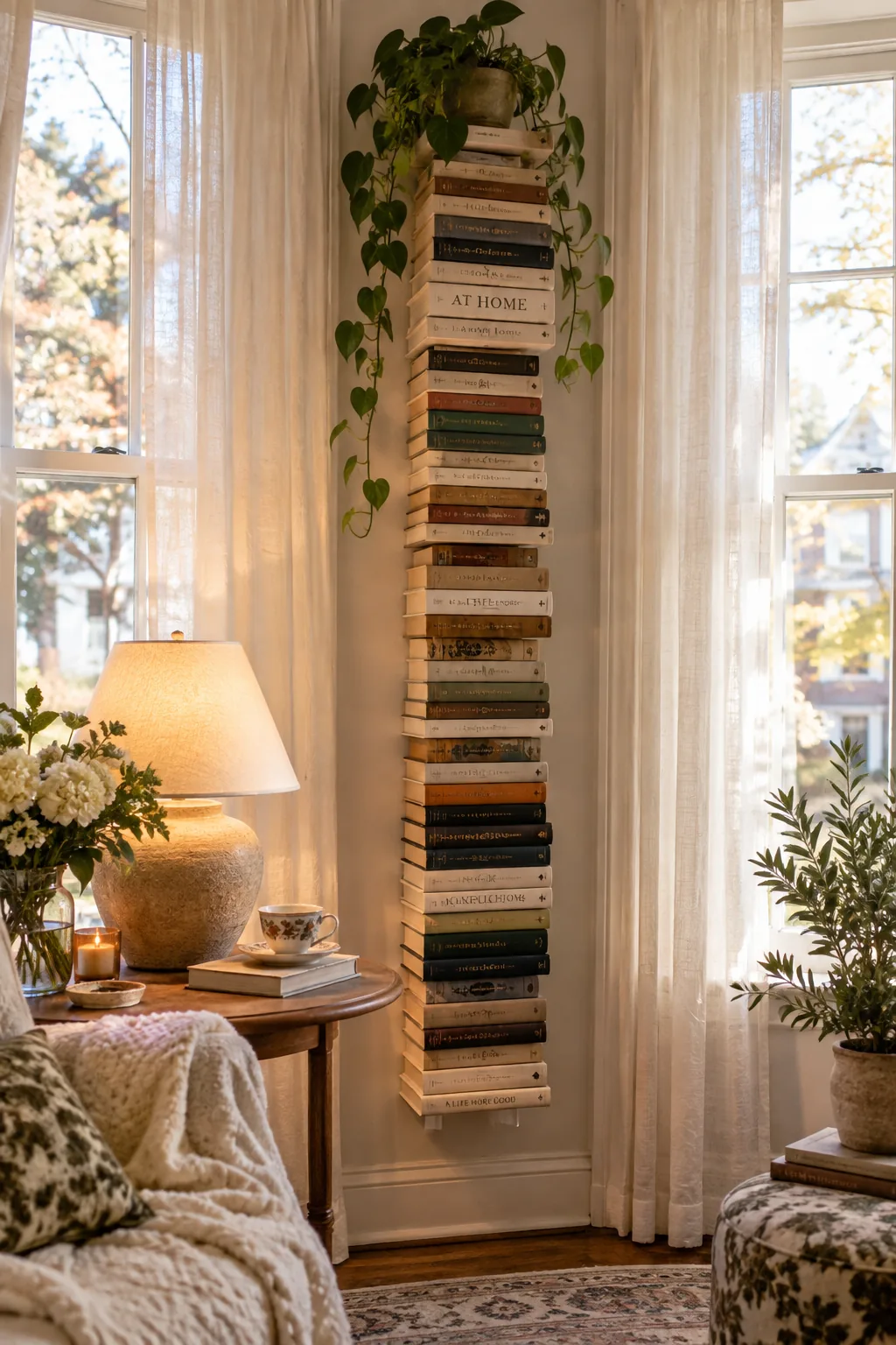 Tall column of stacked books on invisible floating wall shelves